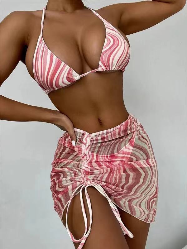 Split Swimsuit Women Sexy Stripes Bikini Swimming Strap Mesh Swimsuit Three Piece Set Bella Mia